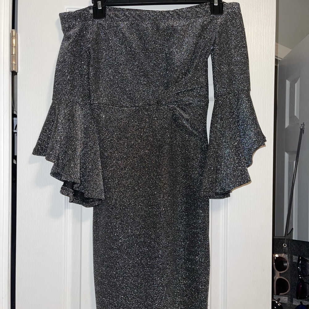 off the shoulder black sparkly dress